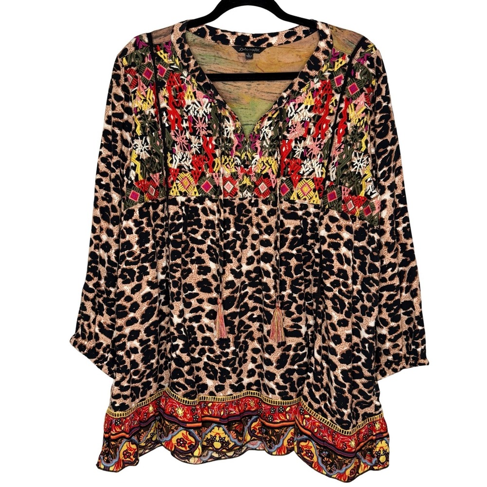 John Mark Tunic Top Floral Leopard Print Embroidered Popover Size L Artsy Boho